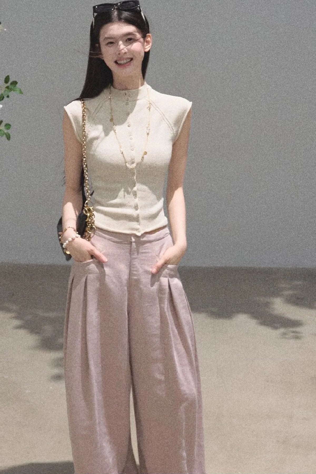 Gold Silk Linen Wide-Leg Pants