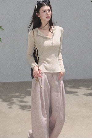 Gold Silk Linen Wide-Leg Pants