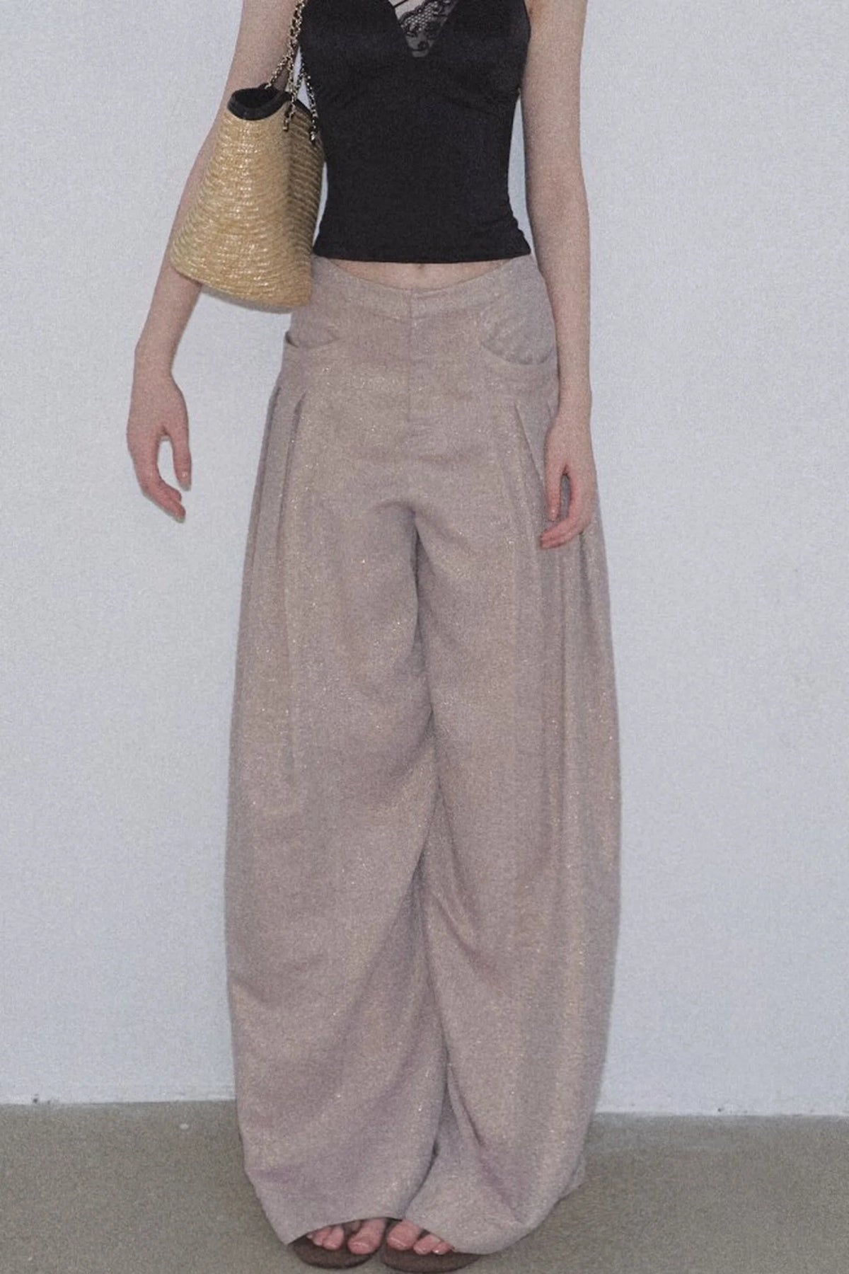 Gold Silk Linen Wide-Leg Pants