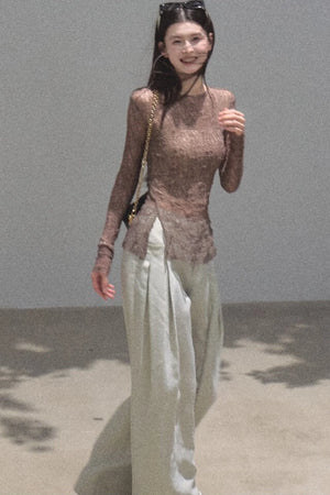 Gold Silk Linen Wide-Leg Pants