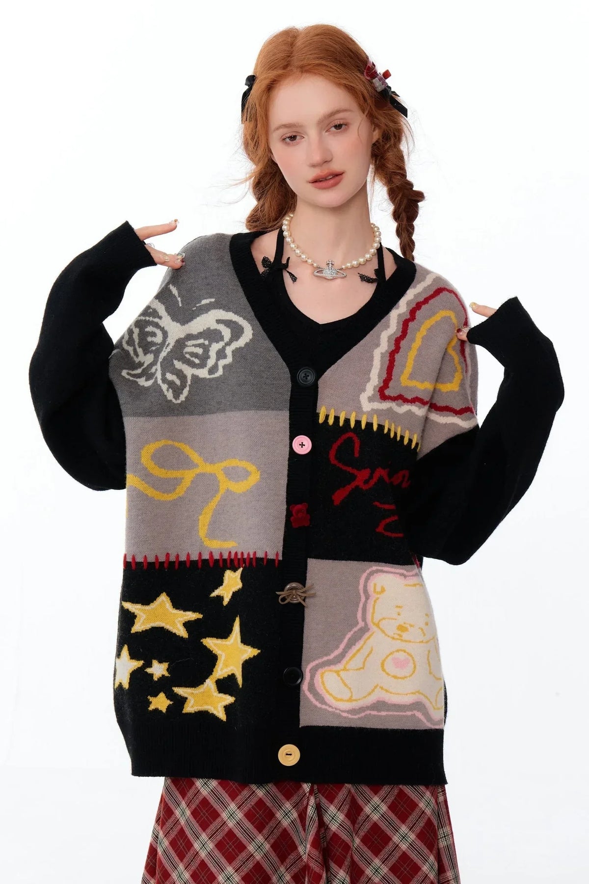Graffiti Contrast V-Neck Cardigan