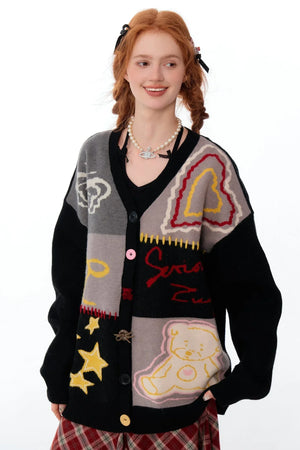 Graffiti Contrast V-Neck Cardigan