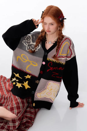 Graffiti Contrast V-Neck Cardigan