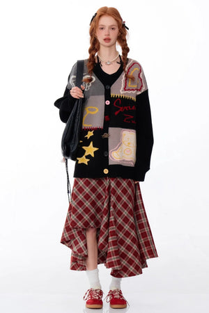 Graffiti Contrast V-Neck Cardigan
