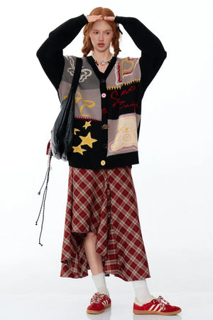 Graffiti Contrast V-Neck Cardigan