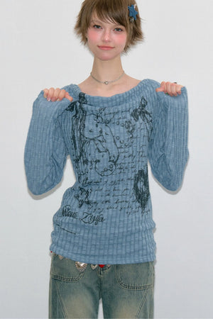 Graffiti Rabbit Cowl Neck Knit Blouse