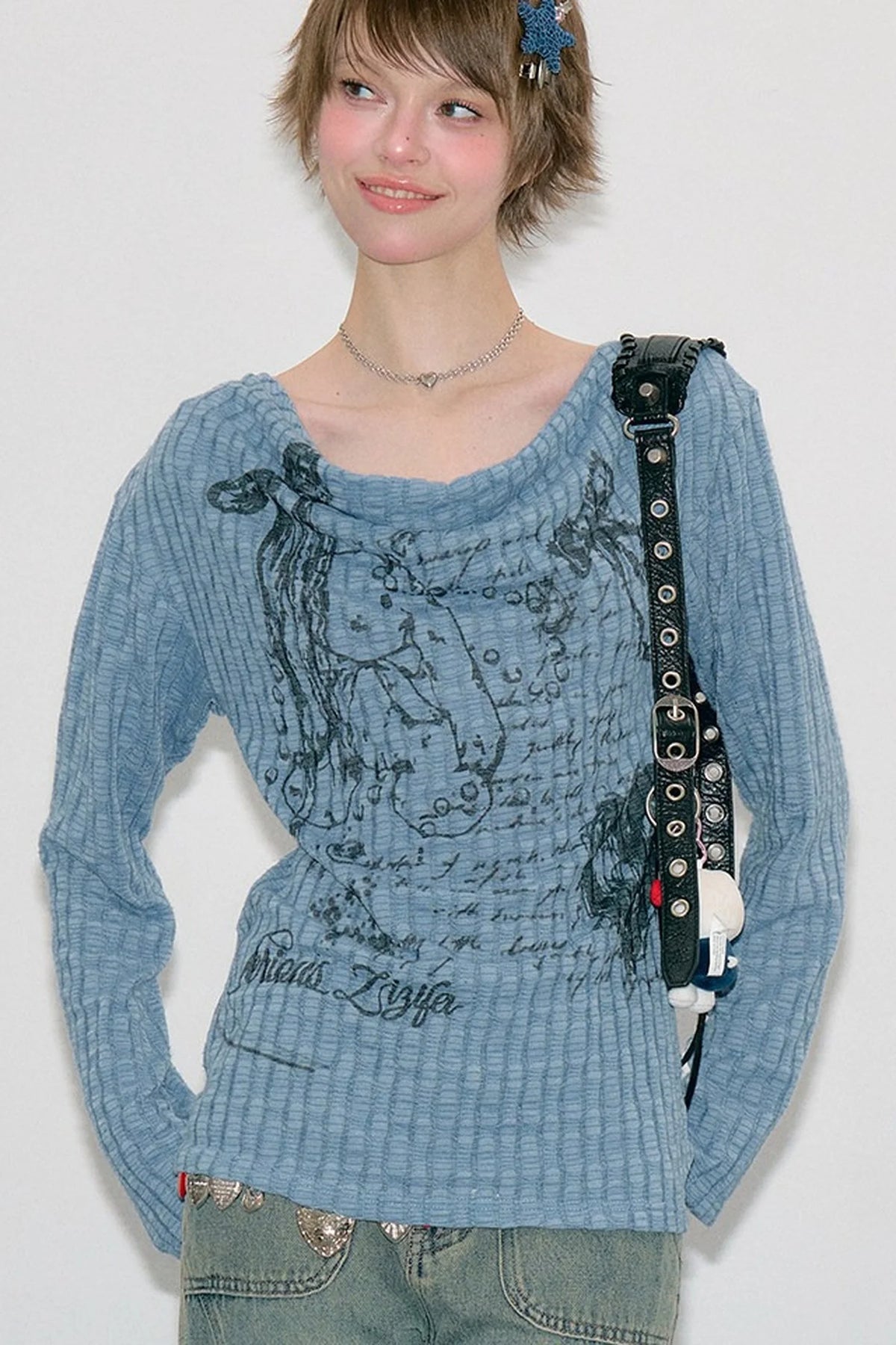Graffiti Rabbit Cowl Neck Knit Blouse