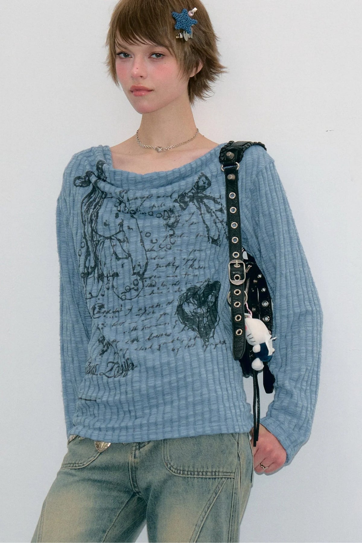 Graffiti Rabbit Cowl Neck Knit Blouse