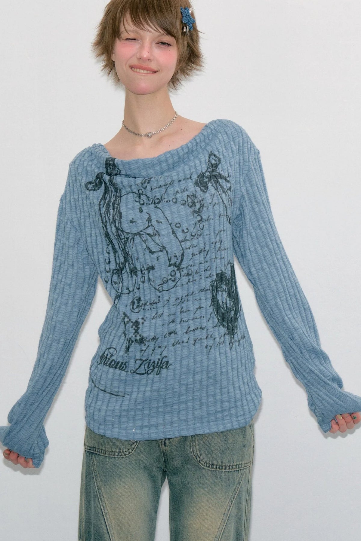 Graffiti Rabbit Cowl Neck Knit Blouse