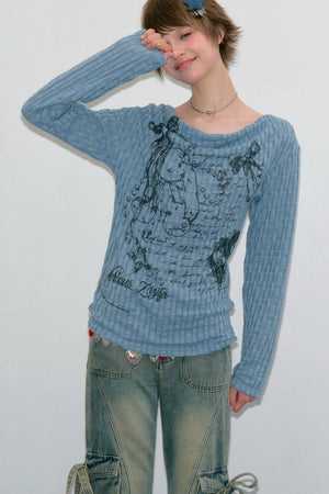 Graffiti Rabbit Cowl Neck Knit Blouse