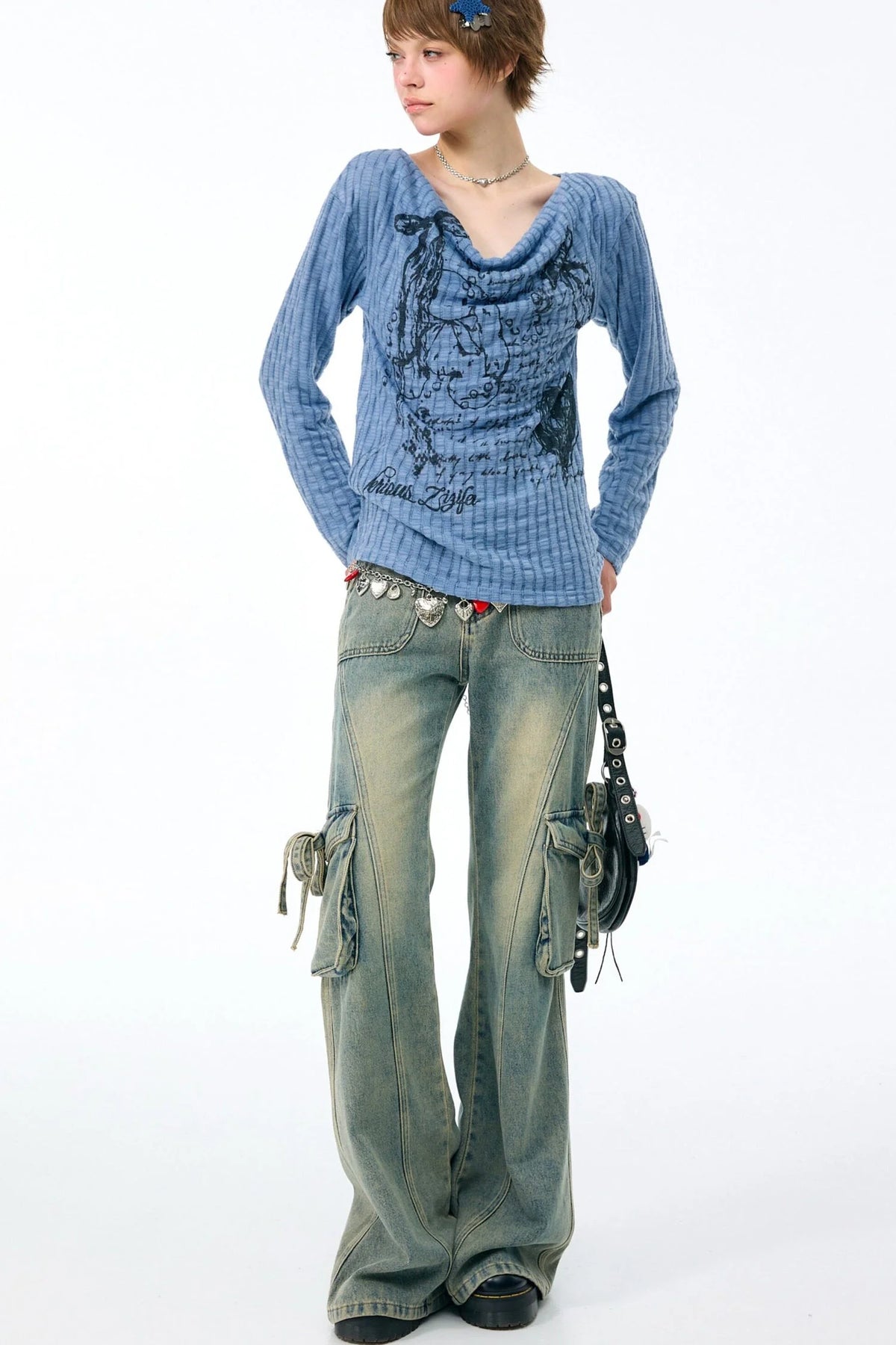 Graffiti Rabbit Cowl Neck Knit Blouse