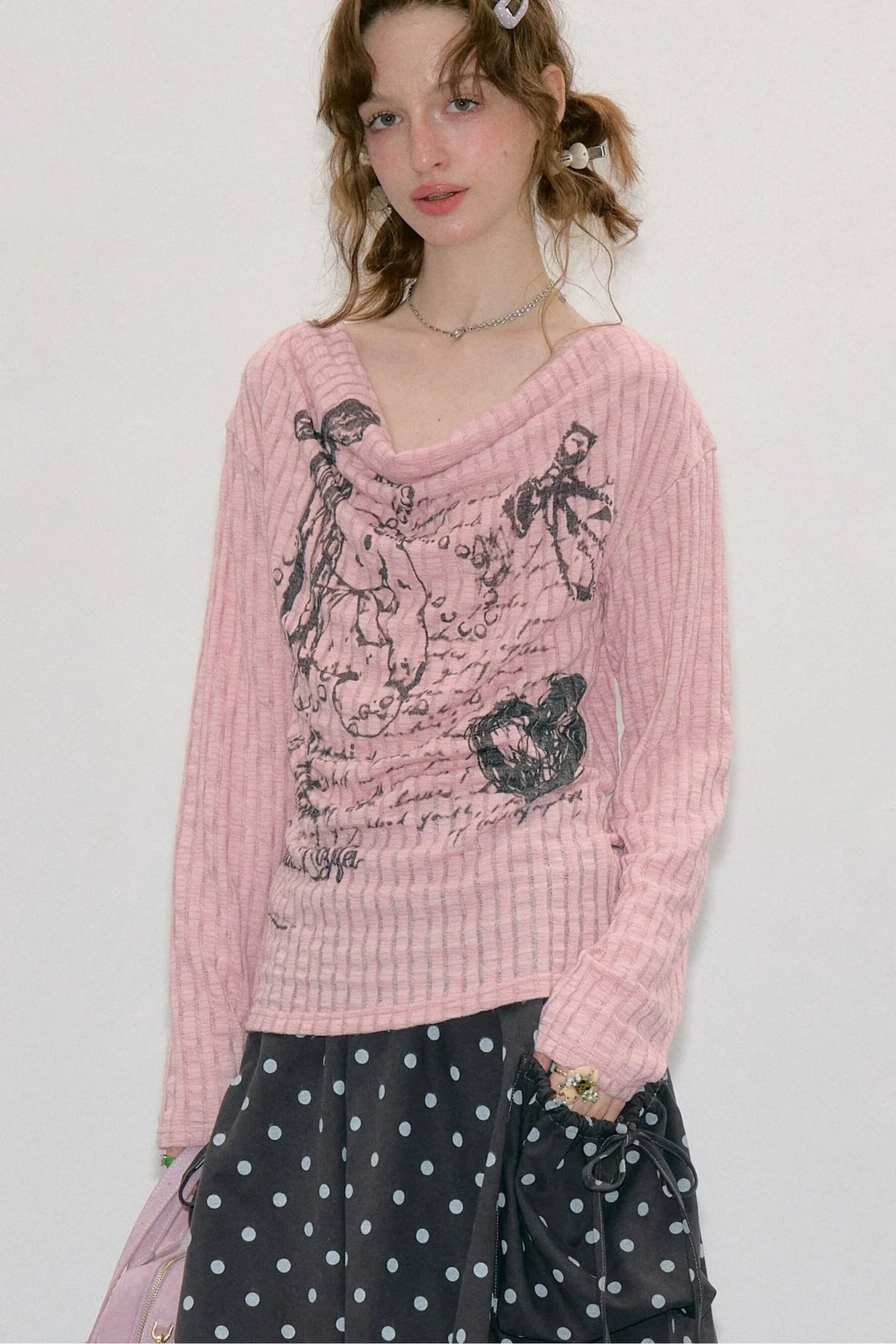 Graffiti Rabbit Cowl Neck Knit Blouse