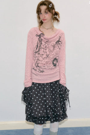 Graffiti Rabbit Cowl Neck Knit Blouse