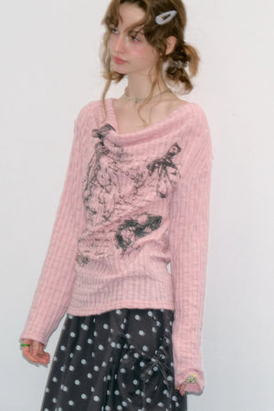 Graffiti Rabbit Cowl Neck Knit Blouse
