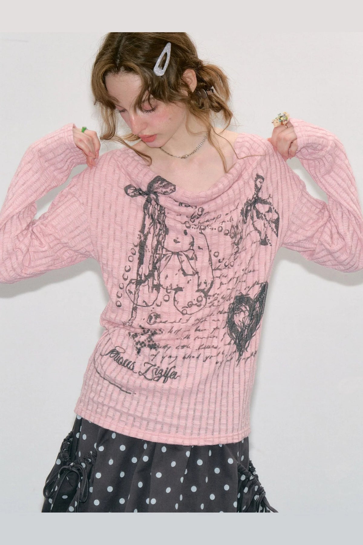 Graffiti Rabbit Cowl Neck Knit Blouse