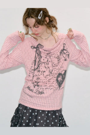 Graffiti Rabbit Cowl Neck Knit Blouse
