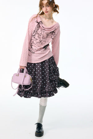Graffiti Rabbit Cowl Neck Knit Blouse