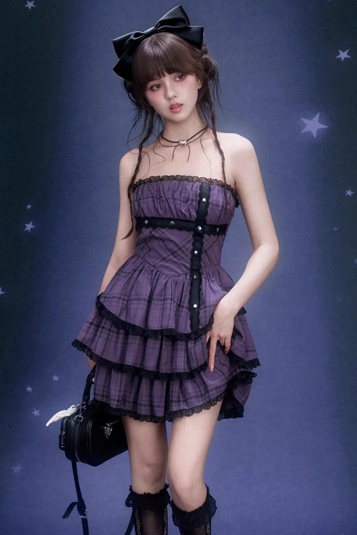Grape Purple Plaid Strapless Dress Set-Up