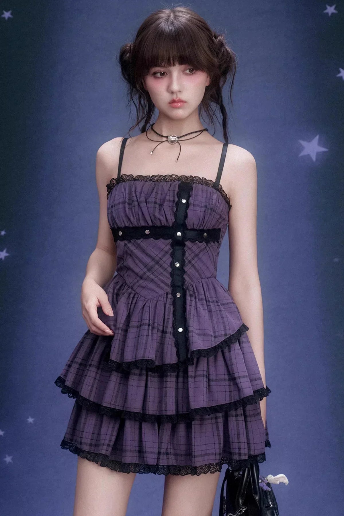 Grape Purple Plaid Strapless Dress Set-Up