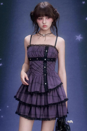 Grape Purple Plaid Strapless Dress Set-Up