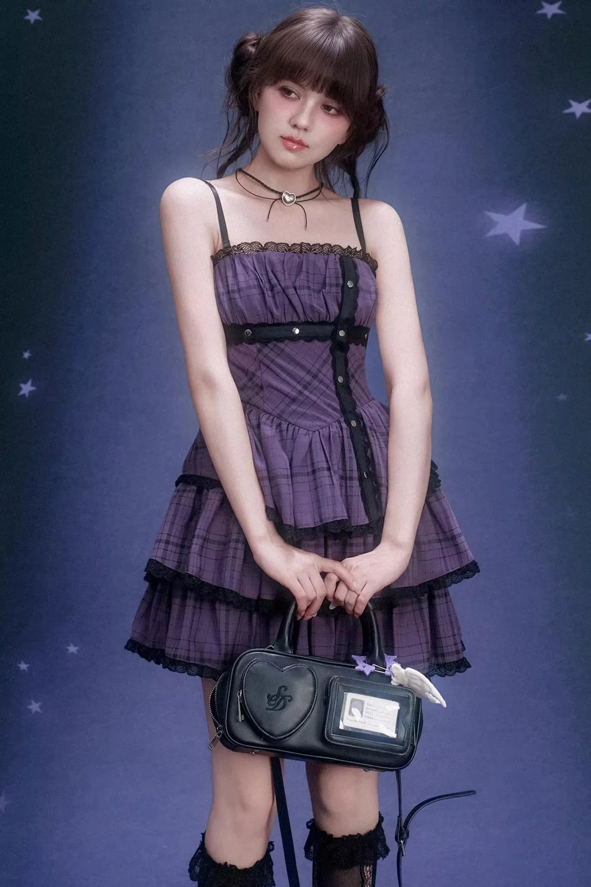 Grape Purple Plaid Strapless Dress Set-Up