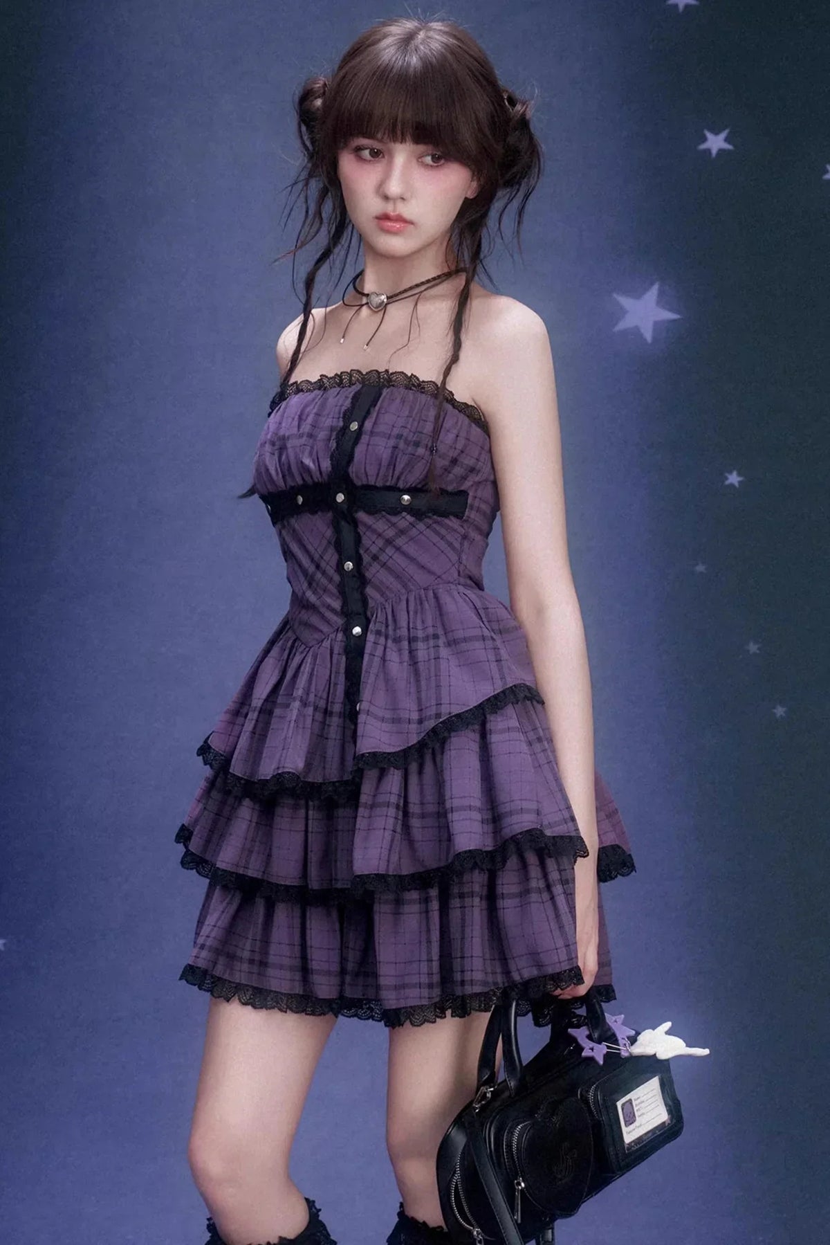 Grape Purple Plaid Strapless Dress Set-Up