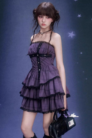Grape Purple Plaid Strapless Dress Set-Up