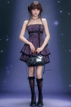 Grape Purple Plaid Strapless Dress Set-Up