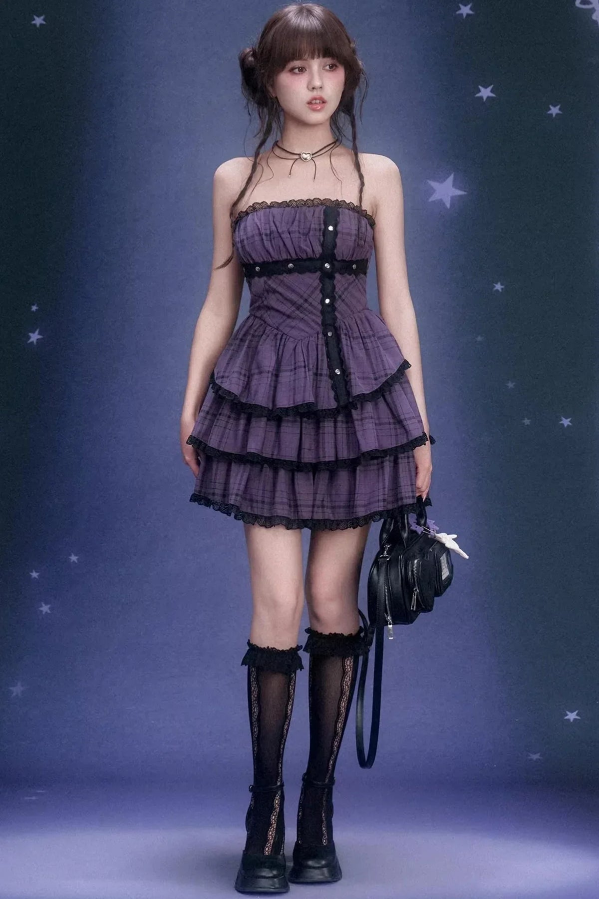 Grape Purple Plaid Strapless Dress Set-Up