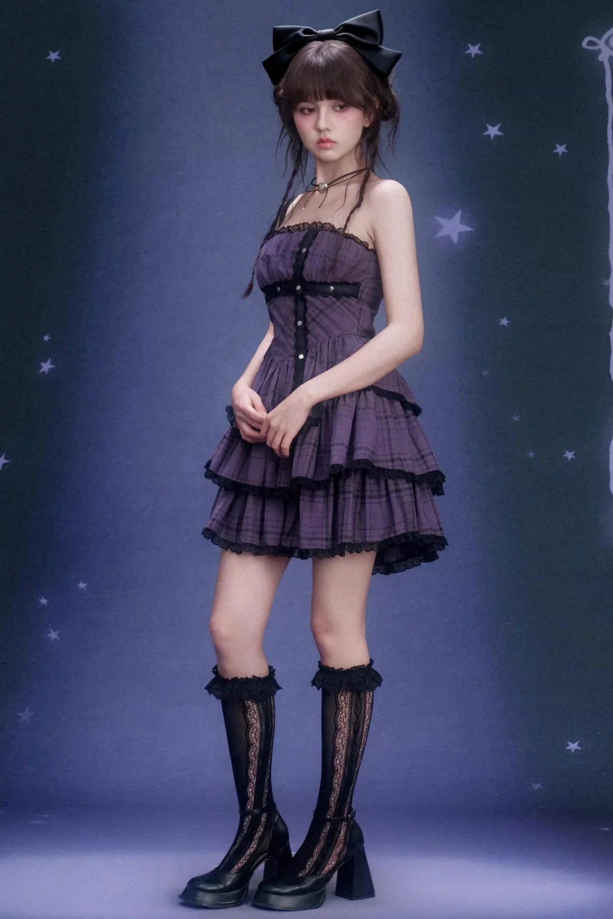 Grape Purple Plaid Strapless Dress Set-Up