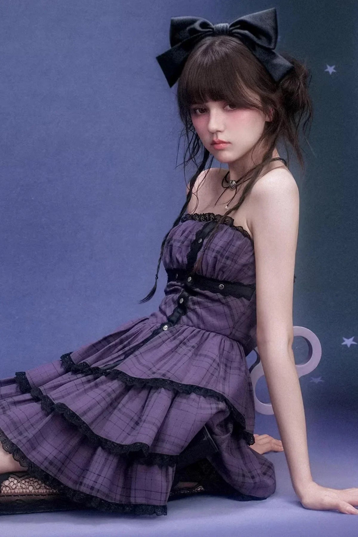 Grape Purple Plaid Strapless Dress Set-Up