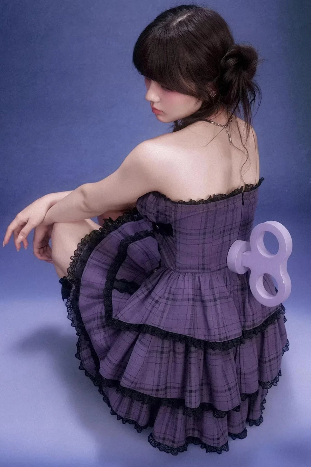 Grape Purple Plaid Strapless Dress Set-Up