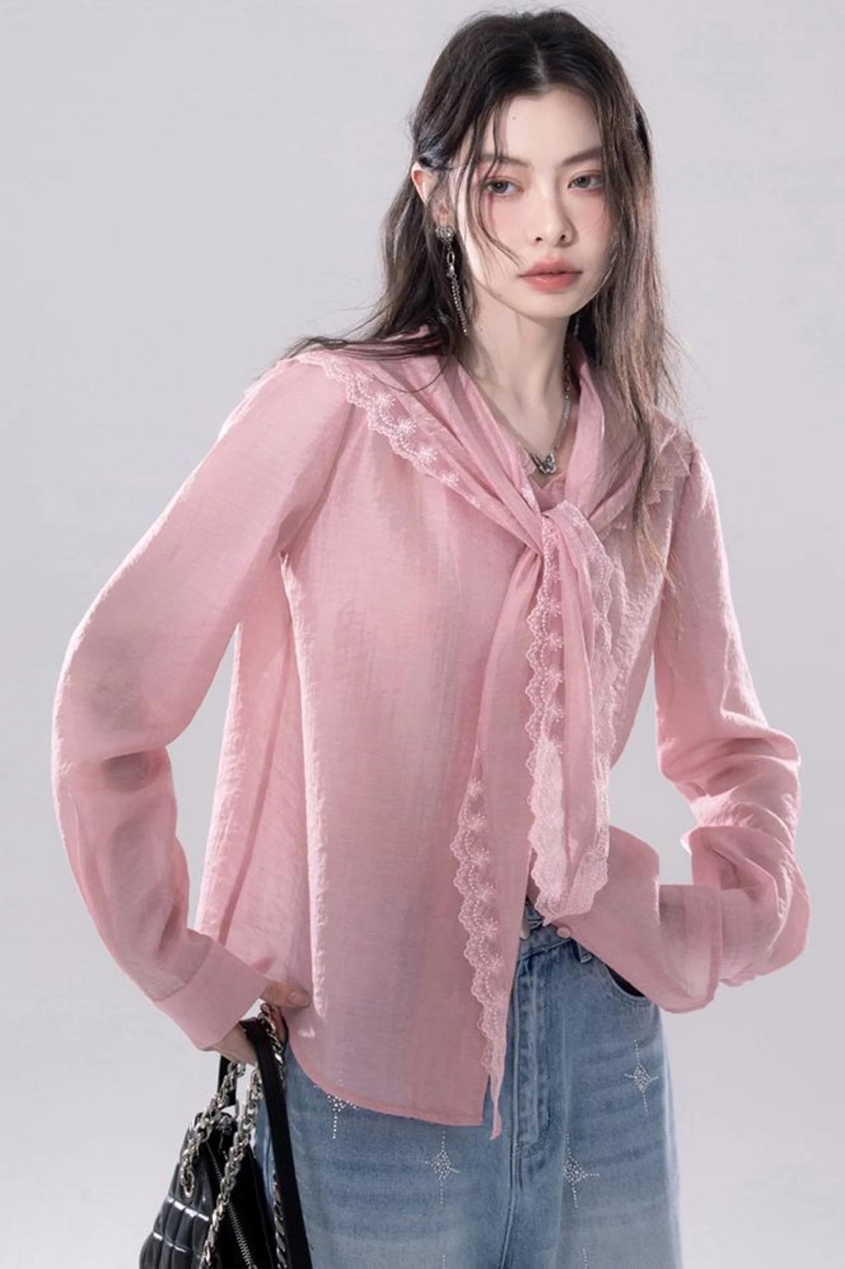 Grapefruit Powder Lace Trim Shirt