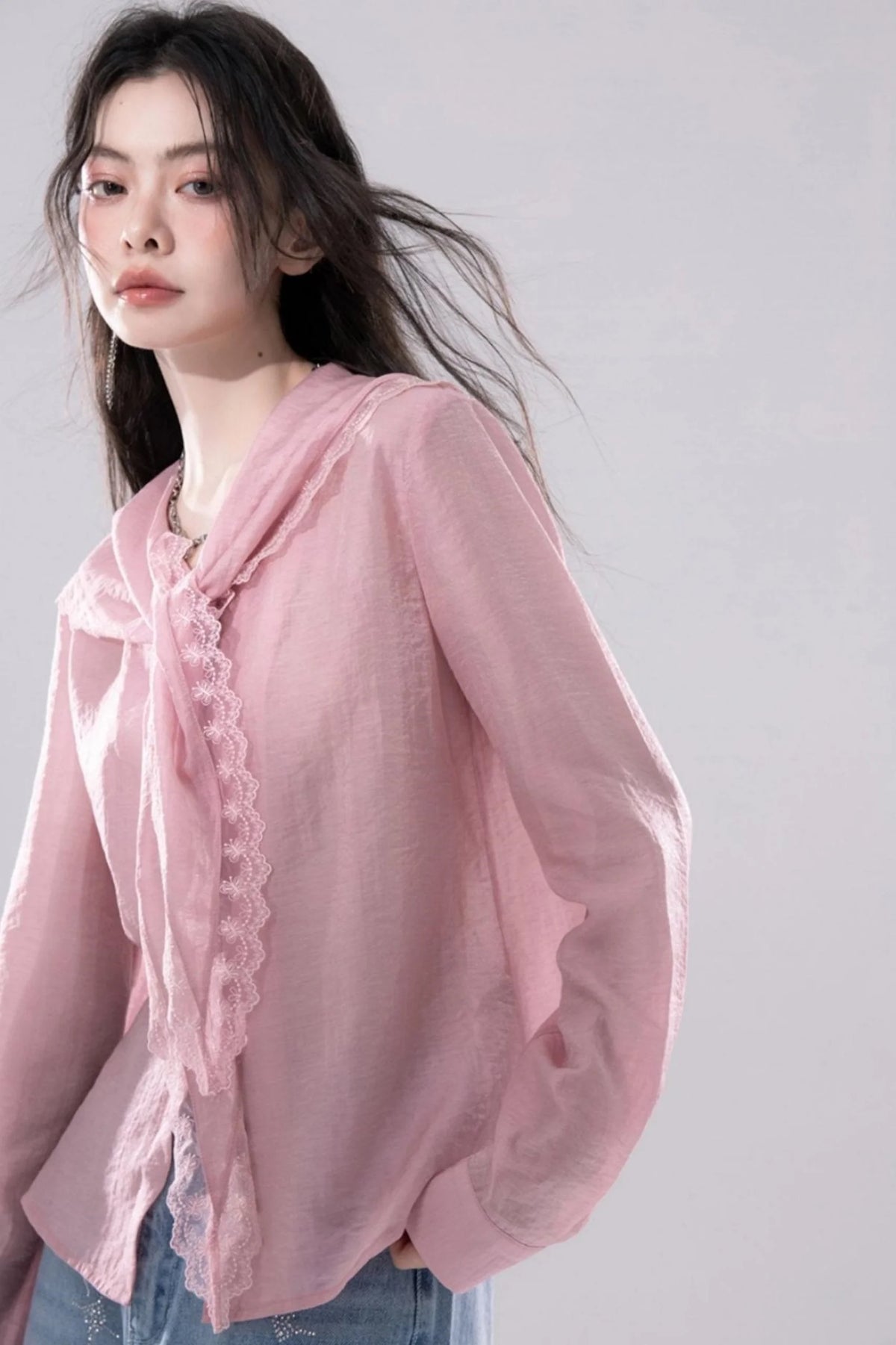 Grapefruit Powder Lace Trim Shirt