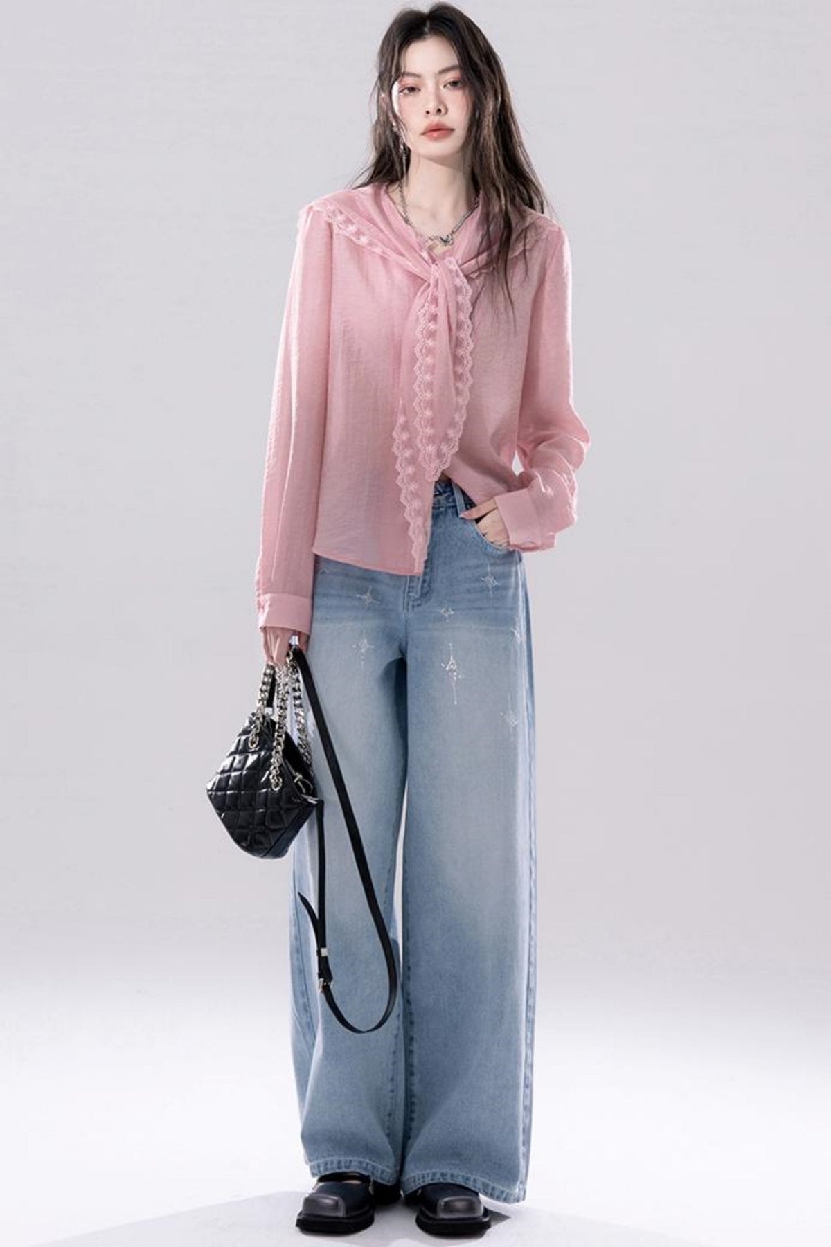 Grapefruit Powder Lace Trim Shirt