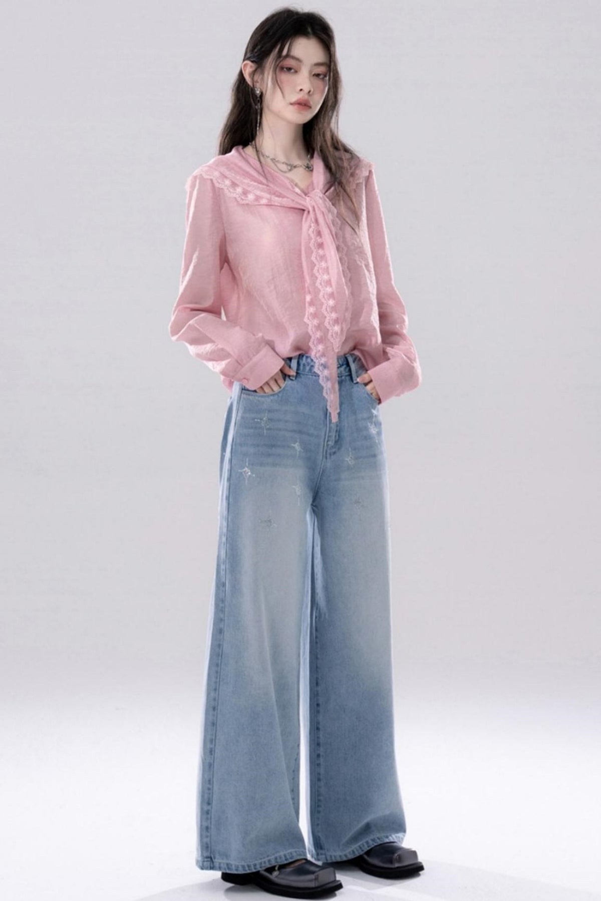 Grapefruit Powder Lace Trim Shirt