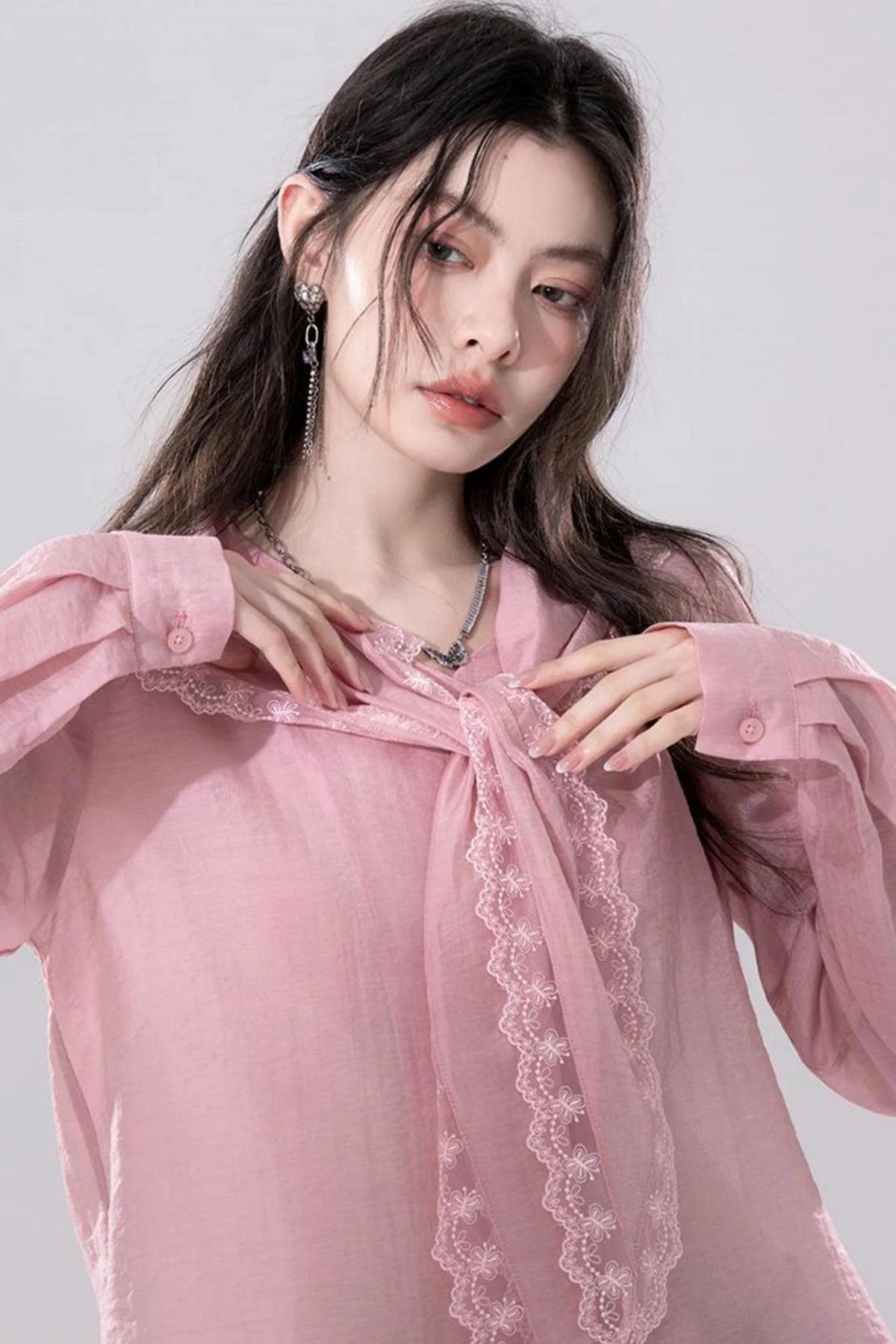 Grapefruit Powder Lace Trim Shirt