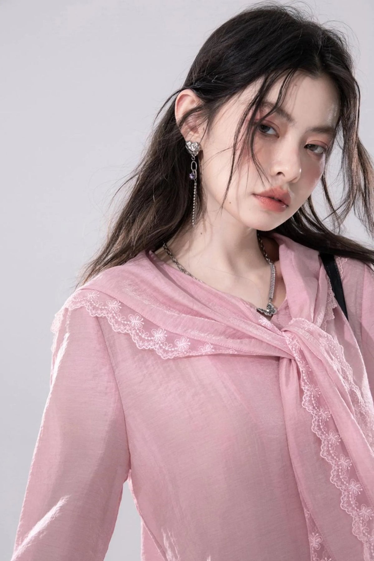 Grapefruit Powder Lace Trim Shirt