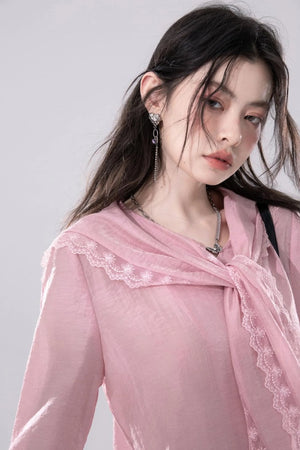 Grapefruit Powder Lace Trim Shirt