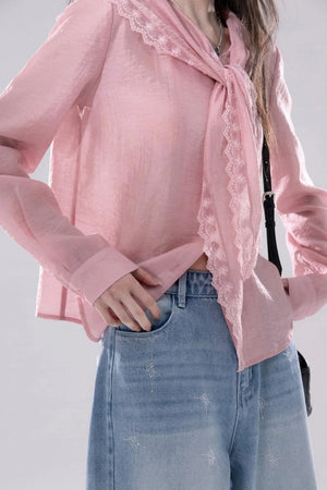 Grapefruit Powder Lace Trim Shirt