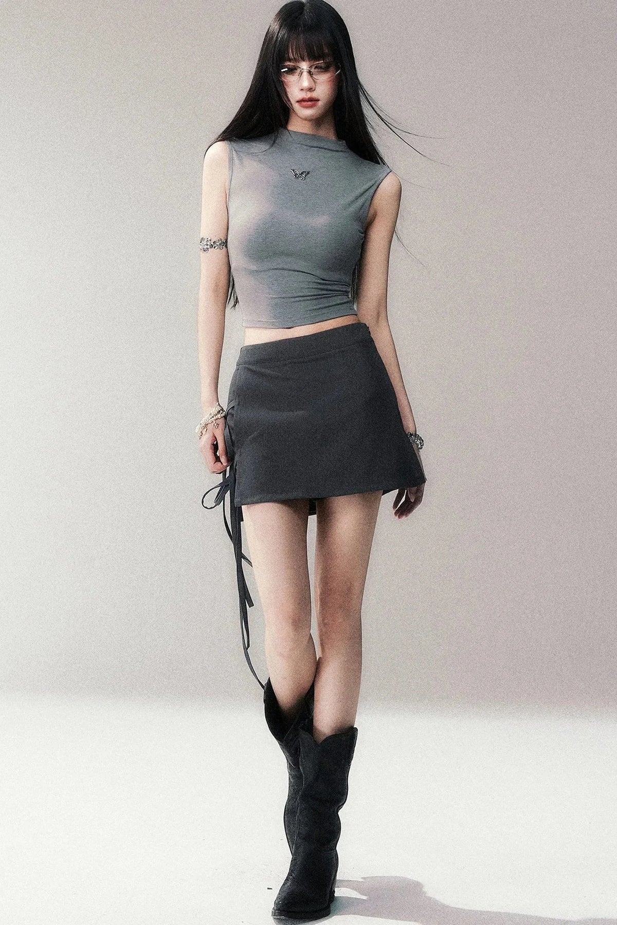 Gray A-Line Tie-Up Skirt Pants