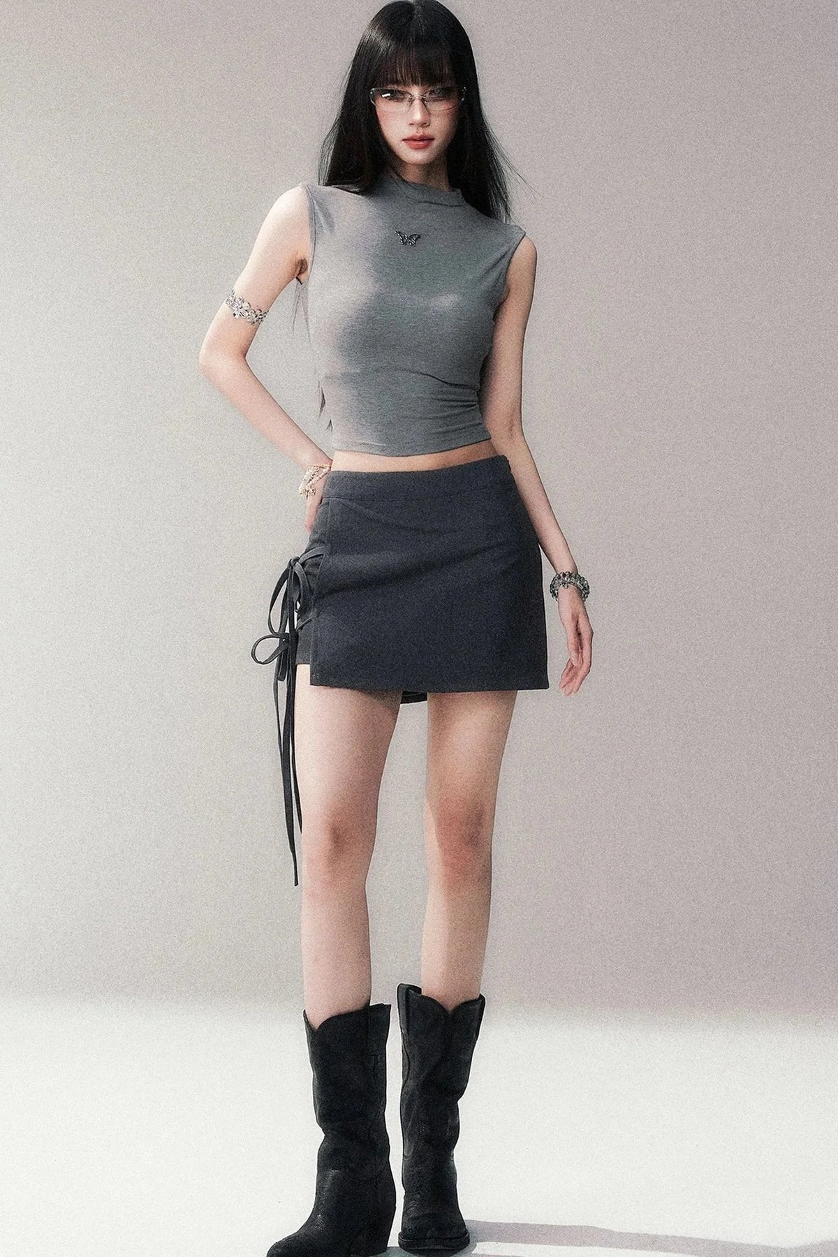 Gray A-Line Tie-Up Skirt Pants