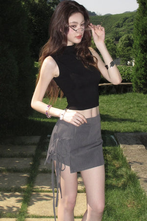 Gray A-Line Tie-Up Skirt Pants