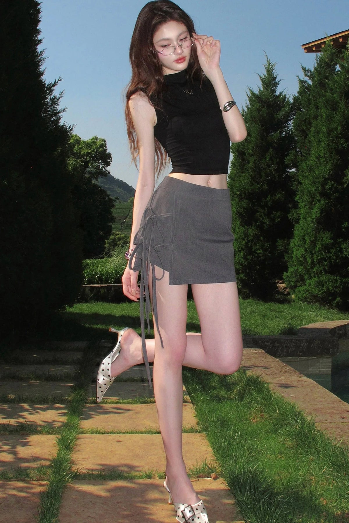 Gray A-Line Tie-Up Skirt Pants