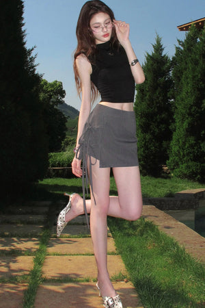 Gray A-Line Tie-Up Skirt Pants