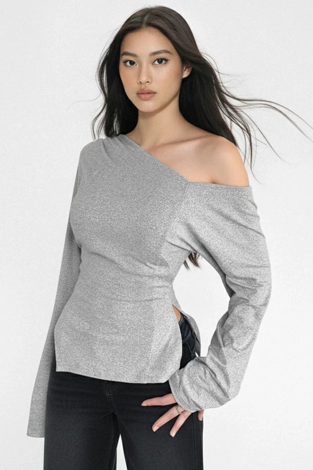 Gray Asymmetrical Shoulder-Cut Top
