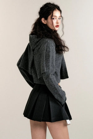 Gray Belt Scarf Round Neck Wool Sweater Top