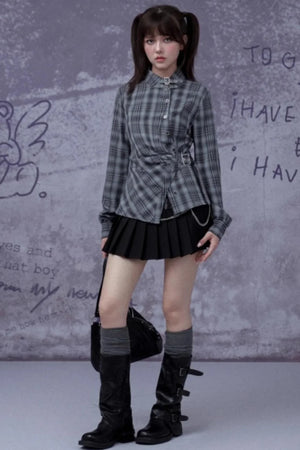 Gray-Blue Irregular Placket Plaid Shirt