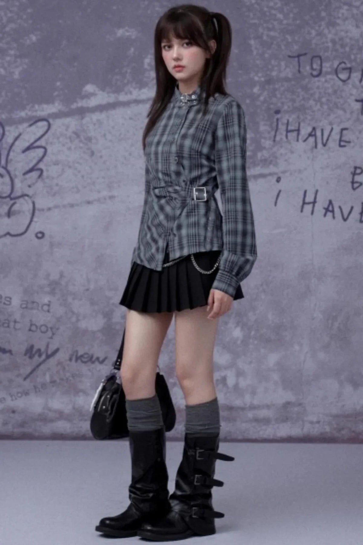 Gray-Blue Irregular Placket Plaid Shirt
