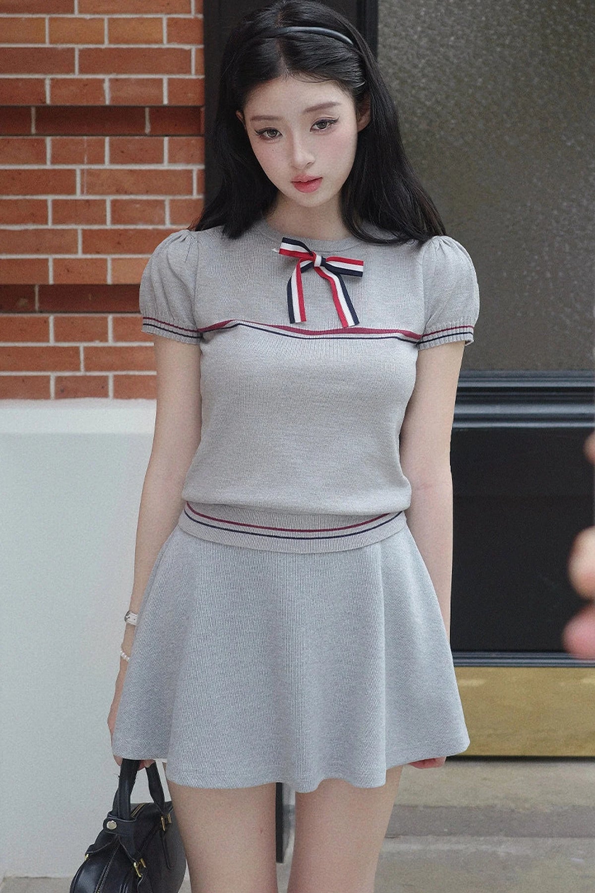 Gray Bow-Knit Top and Skirt Set-Up